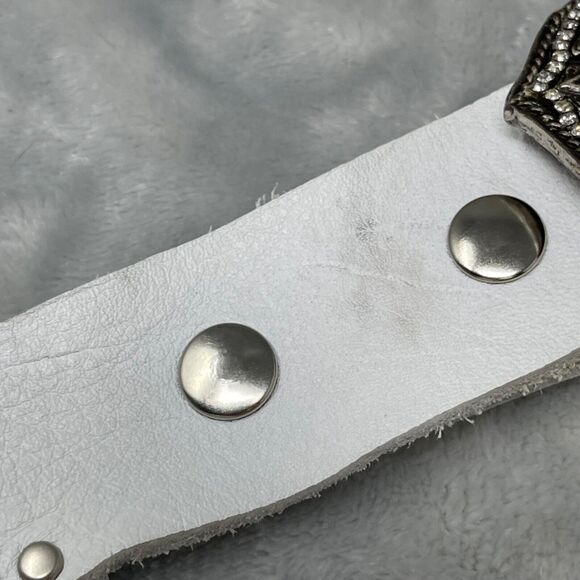 Vintage Cache Belt White Studded Leather Beaded Rhinestone Metal Buckle M - Picture 5 of 14